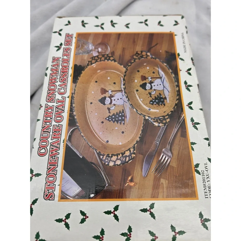 Nos Vtg Country Snowman Stoneware Oval Casserole Baking Dish Set 2 Pc Christmas